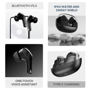 boAt Airdopes 311 Pro, 50HRS Battery, Fast Charge, Dual Mics ENx Tech, Transparent LID, Low Latency, IPX4, IWP Tech, v5.3 Bluetooth Earbuds, TWS Ear Buds Wireless Earphones with mic (Active Black)